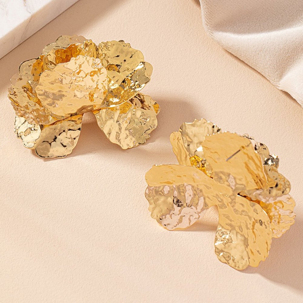 NEW Avant Garde Hammered Gold Modern Art Large Statement Earrings Pierced - Picture 2 of 5